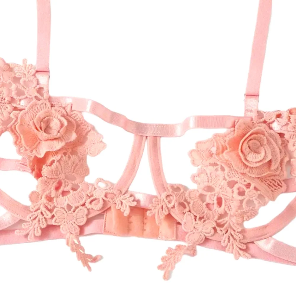 DCLF Strappy Cutout Floral Lace Applique Two Piece Lingerie Set - Picture 3 of 4